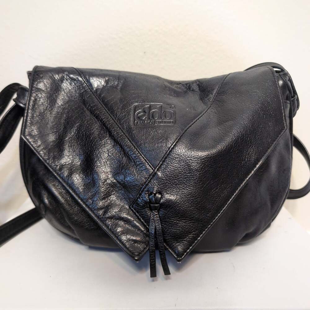 Black Leather-Look Flap Crossbody Bag Vintage